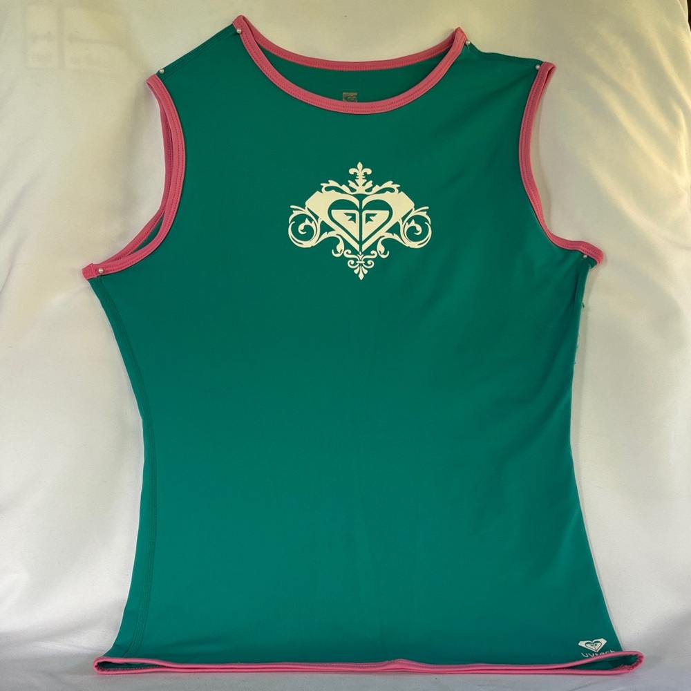 ROXY WHOLE HEARTED UVtech WOMEN’ TEAL WITH PINK TRIMMING SLEEVELESS TOP SIZE 10 - Picture 2 of 14